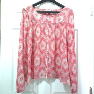 SUNDANCE 100% Silk Medallion Breeze Blouse Top Womens Sz XL Sheer Button…